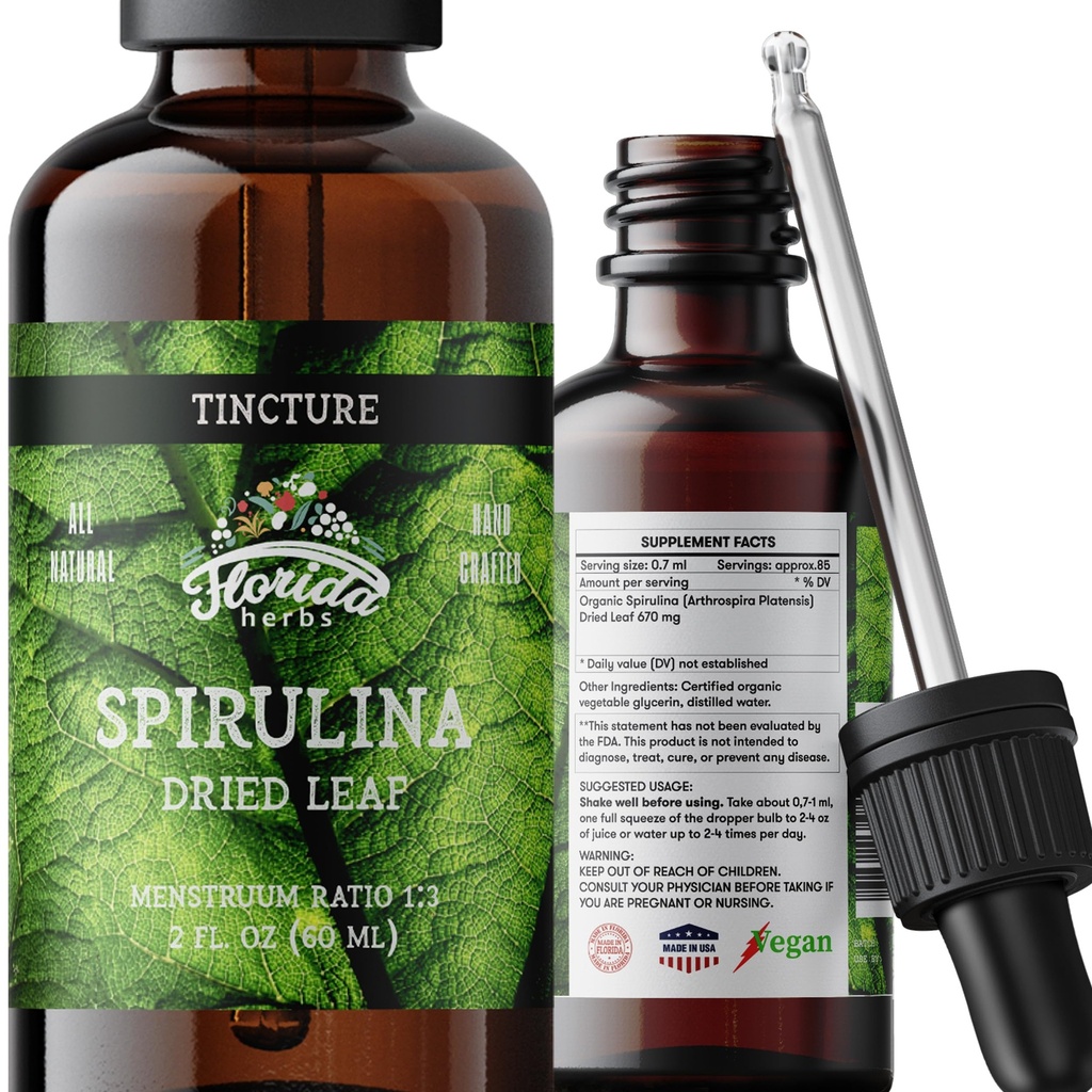 Teinture de spiruline, extrait de spiruline biologique (Arthrospira Platensis) Supplément à base de plantes, non-OGM dans la glycérine végétale biologique pressée à froid, 700 mg, 2 oz (60 ml)