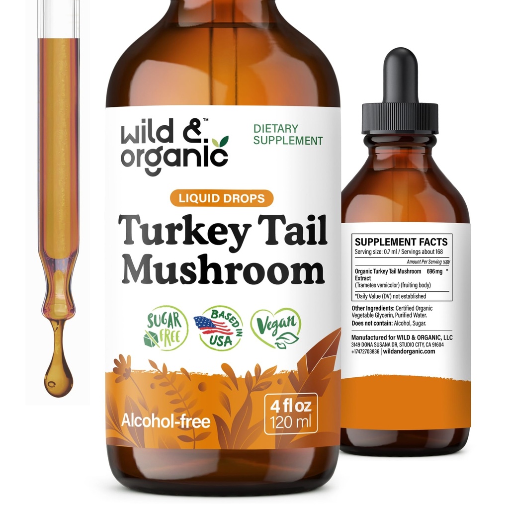 Wild & Organic Turkey Tail Mushroom Tincture - Immununterstützung Tropfen mit Türkei Tail Extract - Liquid Mushroom Supplement for Gut Support - Vegan, Zucker & Alkoholfrei - 4 fl oz