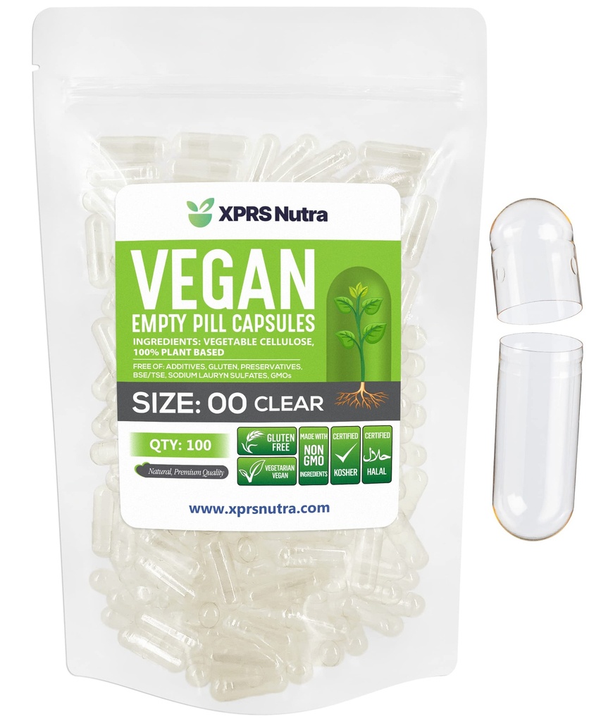 XPRS Nutra Größe 00 Leere Kapseln - 100 Count klare leere vegane Kapseln - Vegetarische leere Pillen - DIY Gemüse Kapsel Füllung- Veggie Pillen Caps