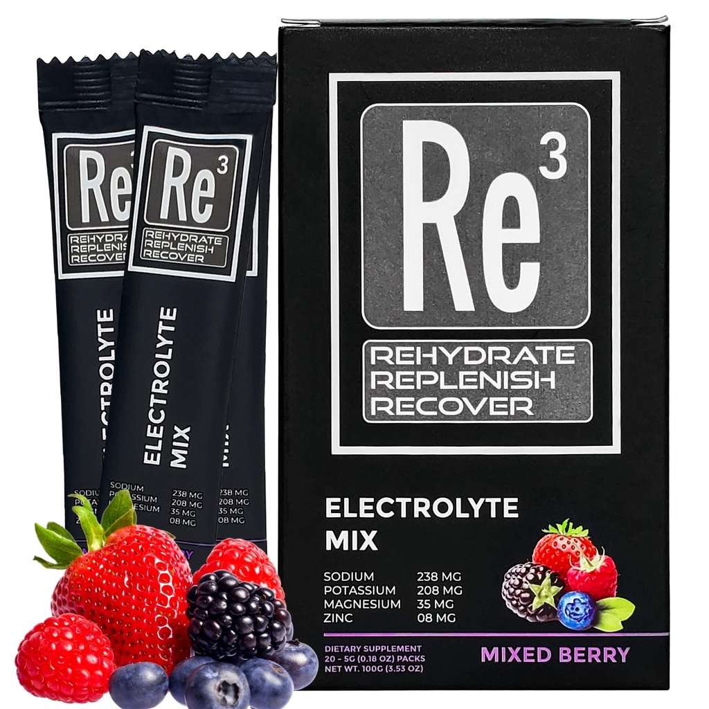 Re3 - Rehydrate - Replenish - Recover Electrolyte Powder Packets. No Sugar, 7 Cal, 1.4 Carbs. The Best Mix of Vitamins and Minerals (Mixed Berry)