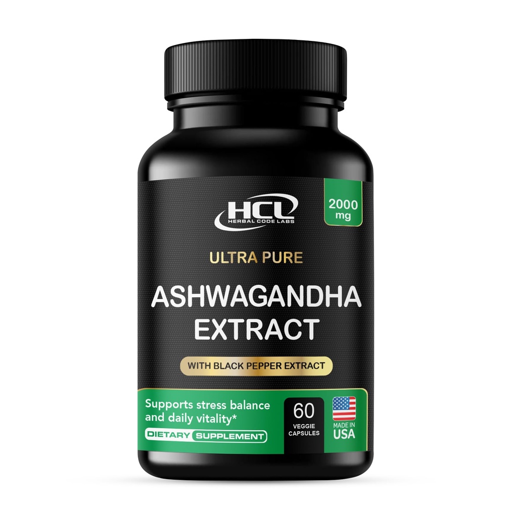 Bio Ashwagandha Capsules 2000 MG Root Powder Extract mit schwarzem Pfeffer & Zitronenbalsam 2 Monat Versorgung - Natürliche Weise Stress zu lindern