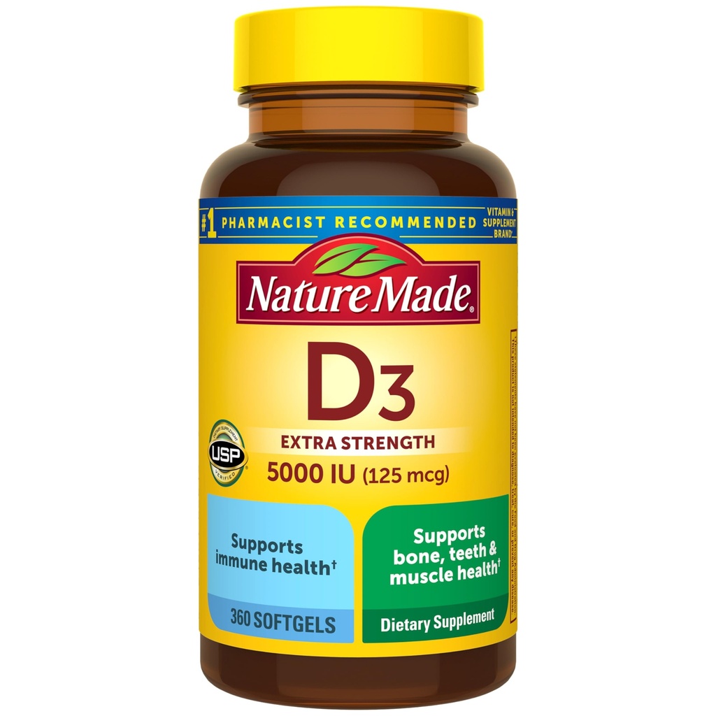 Nature Made Vitamin D3 5000 IU (125 mcg) Softgele, extra Kraft Vitamin D Nahrungsergänzung für Knochen und Immungesundheit, 360 Count, 360 Tage Versorgung