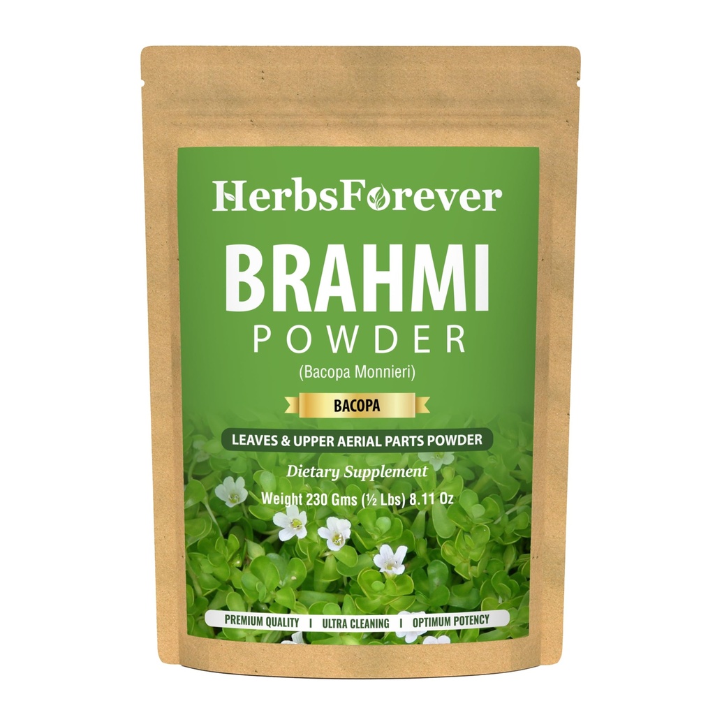 Herbsforever Brahmi Powder I 100% reine Bacopa Monnieri I Natürliche Kräuterergänzung – Non-GMO, Vegan, Gluten-Free I Unterstützt Wellness – Premium Quality 230 GMS