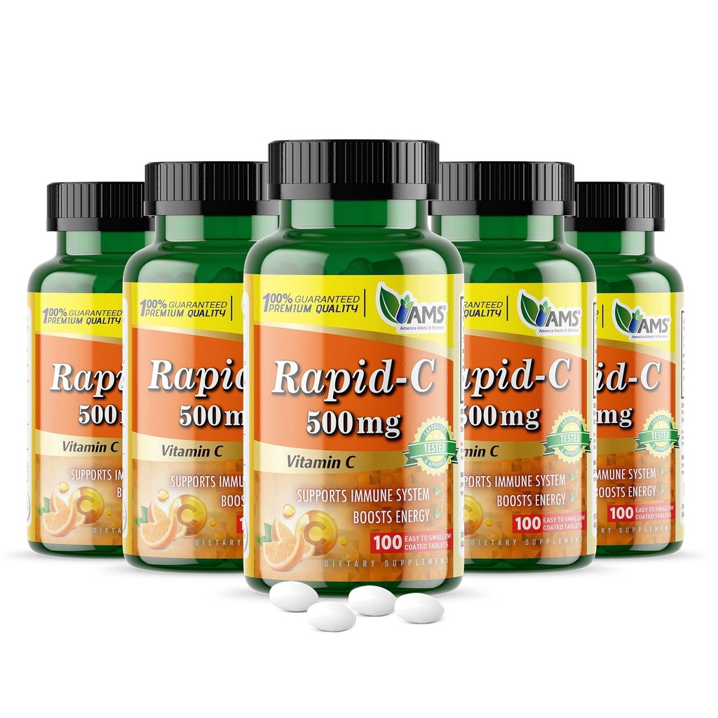America Medic & Science Rapid-C 500mg supplément de vitamine C 500 comprimés (5 pack de 100 comprimés) Système immunitaire quotidien support, antioxydants