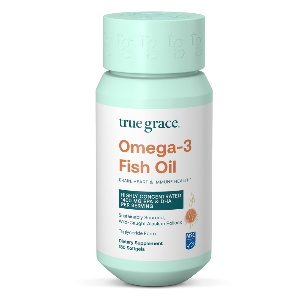 True Grace Omega-3 Fischöl - 180 Softgels - 1400 mg EPA + DHA - Gehirn, Herz, Gelenk- und Immungesundheit - bio, Glutenfrei, Sojafrei