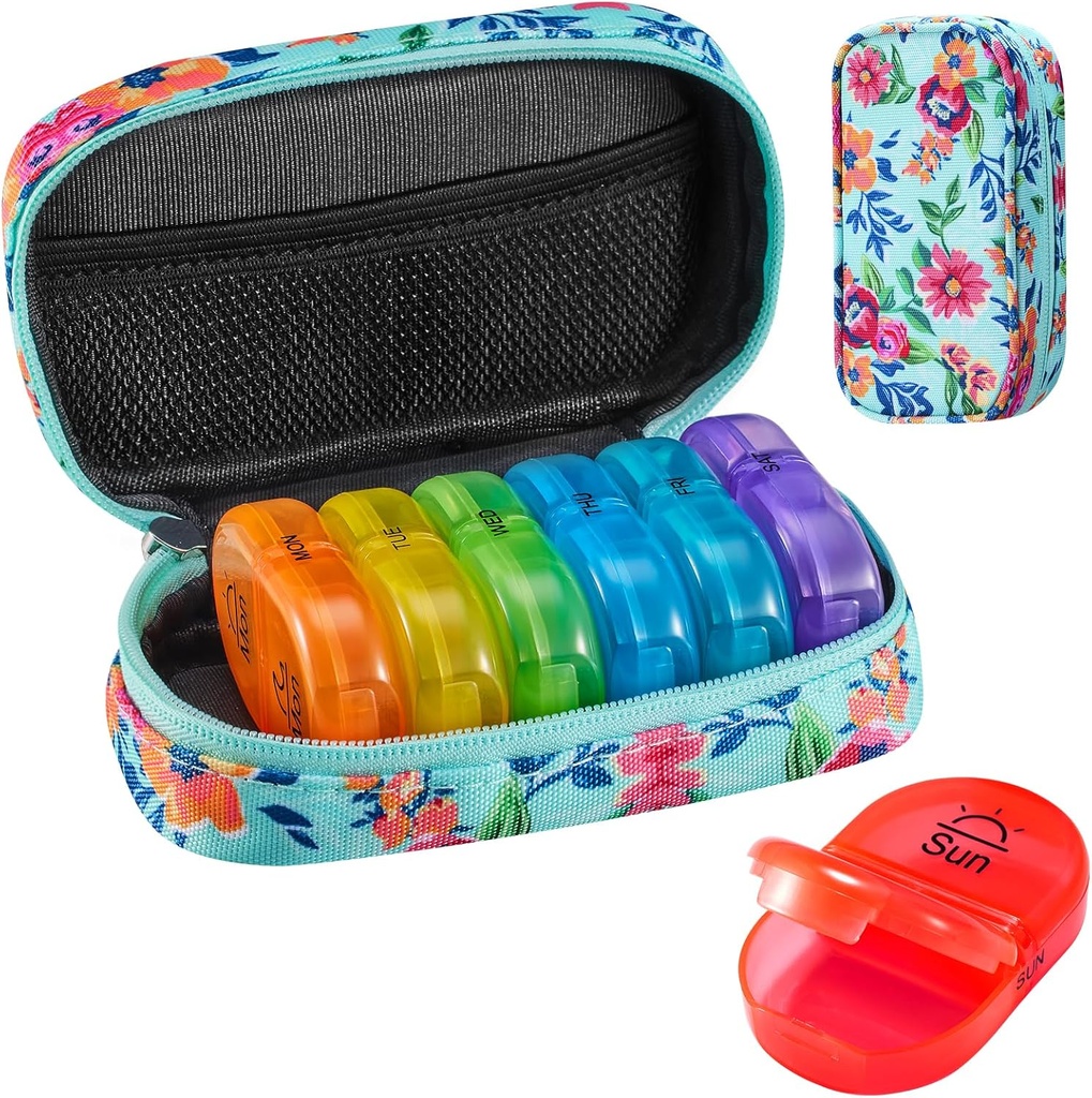 Serfeymi Weekly Travel Pill Organizer 2 Mal A Day AM Upgraded Regenbogen Pille Box 7 Tage mit tragbaren Reißverschluss Canvas Pille Fall, Medizin Organizer für Pillen, Vitamine, Fischöle - Grün 01