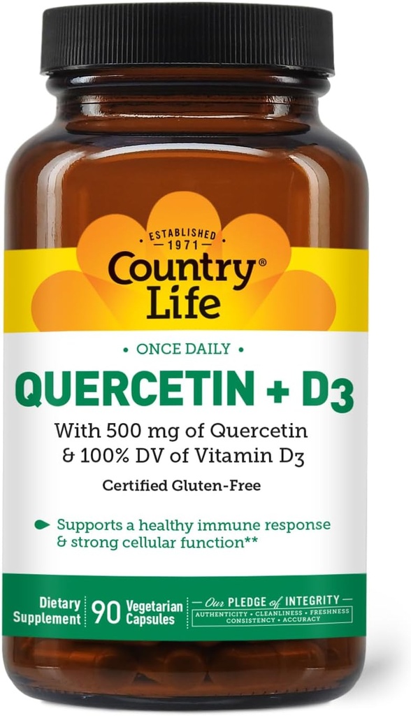 Country Life Quercetin 500mg Kapseln mit Vitamin D3 800 IU – Immununterstützungsergänzung für Erwachsene – Tägliche Immunverstärker – Quercetin Immunsystem Boost, 90 Kapseln
