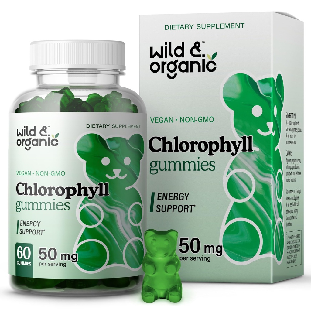 Gummies de chlorophylle sauvage et biologique 50mg - Suppléments de nettoyage de détox avec chlorophylline de cuivre de sodium - Déodorant interne avec poudre de chlorophylle - végétalien, non-OGM - 60 brochettes à base de plantes