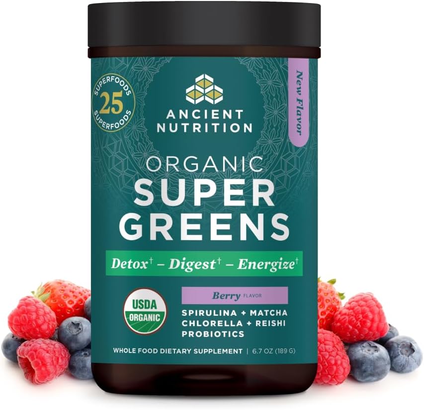 Antike Ernährung SuperGreens Pulver mit Probiotika, Bio Berry Flavor Greens, Herbs und Gemüse, Verdauungs- und Energieunterstützung, 25 Portionen, 6.7oz