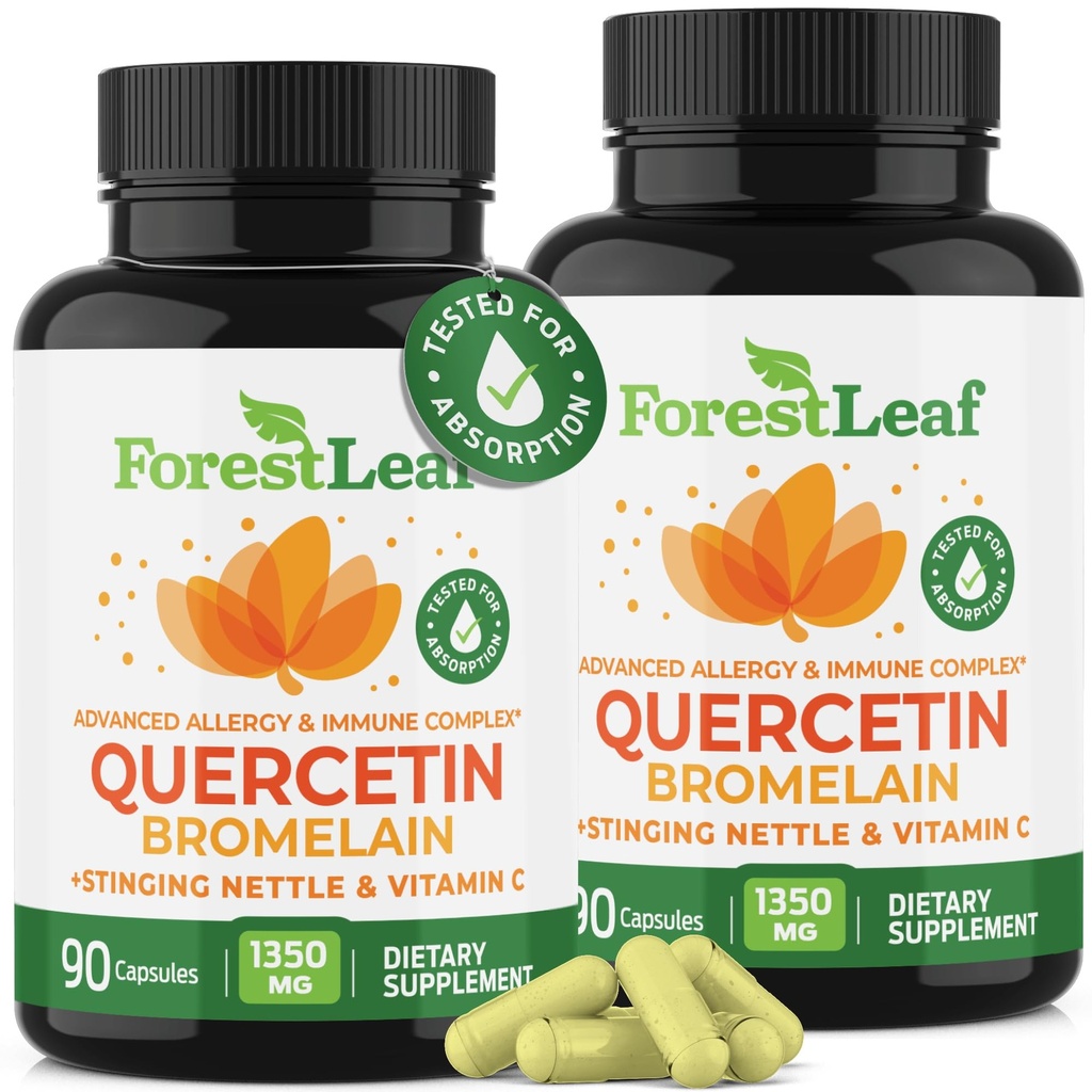 ForestLeaf Quercetin avec Bromelain - 1350mg Mélange avec vitamine C et sting Nettle, supplément avancé Quercetin 500mg, sans gluten sans OGM, immunogène naturel et fonction respiratoire 180 Capsules de légumes