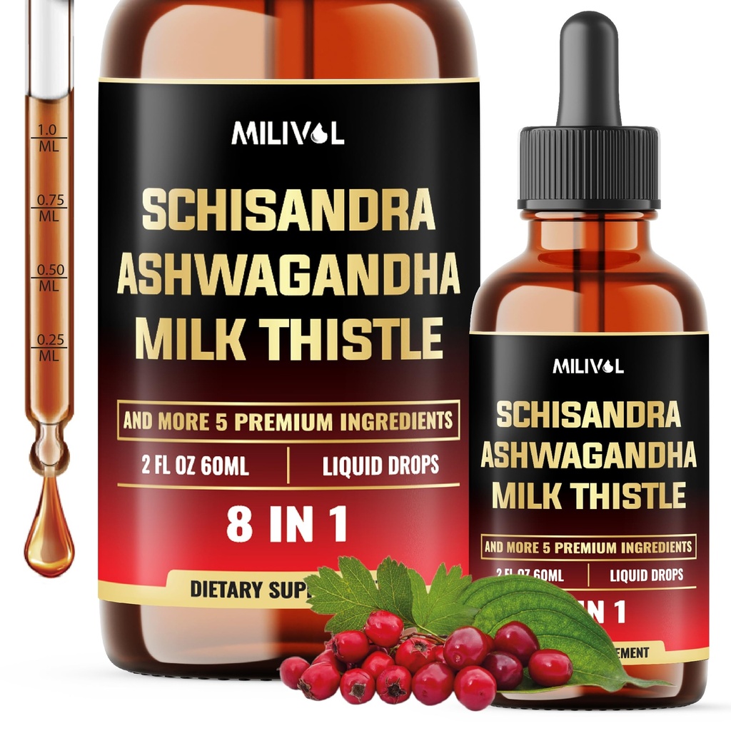 8en1 Schisandra Berry gouttes avec le chardon de lait, Ashwagandha, Rhodiola Rosea, Saint Basilic, Artichaut, Dandelion racine et curcumine curcuma - 2 Fl Oz pour 2 mois d'approvisionnement