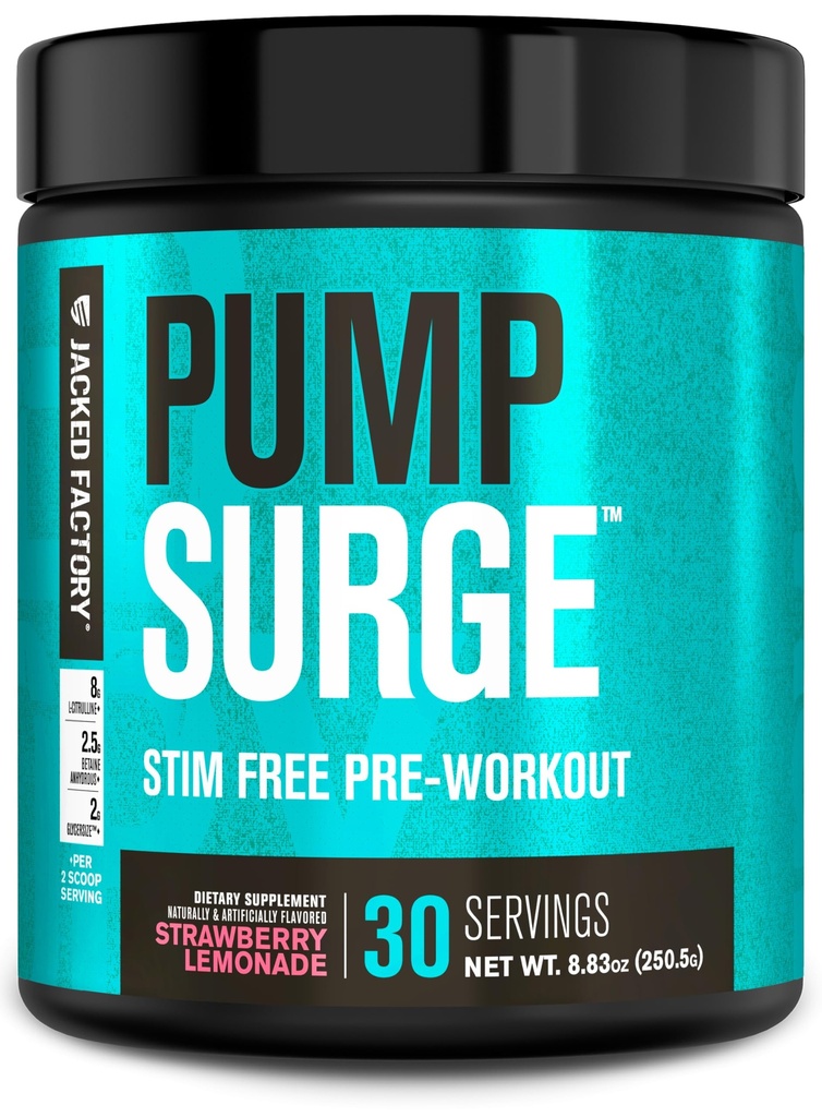 Jacked Factory Pumpsurge Caffeine Free Pre Workout for Men & Women - Nootropic Booster & Stim Free Pre Workout - Intense Pumps, Enhanced Focus - 30 Servings, Strawberry Lemonade