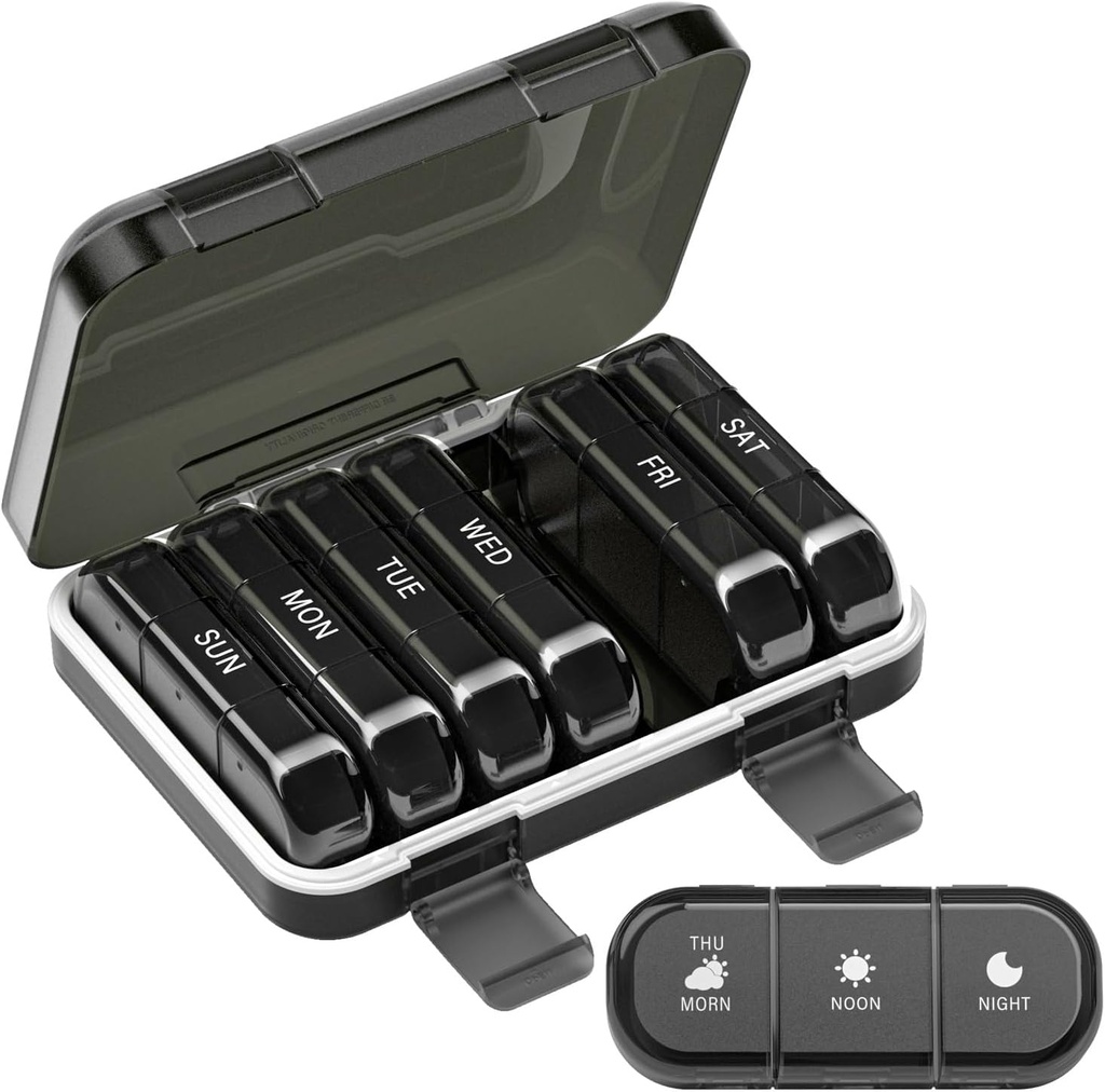 Wöchentliche Pille Organizer 3 Mal pro Tag, 7 Tage Tragbare Pille Box für Pillen, Vitamine, Fischöl, Medikamente, Ergänzungen (3x7 Schwarz)