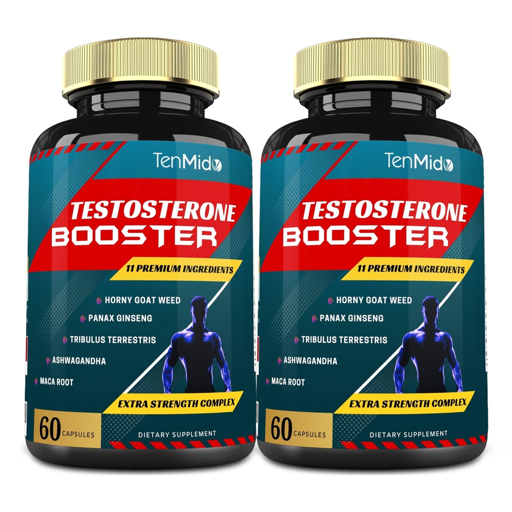 2 packs de 60caps Suppléments de testostérone Booster pour les hommes, équivalent à 10000mg - Stamine naturelle, supplément d'endurance et de force - croissance musculaire, augmentation des performances, énergie
