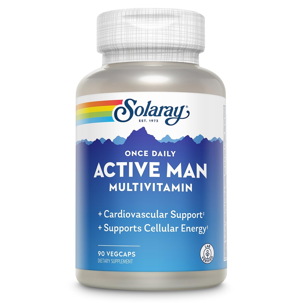 SOLARAY Une fois par jour l'homme actif Multivitamine - Supplément de soutien à l'énergie cellulaire et immunitaire avec vitamine D, vitamine C, B12, B6, zinc, lutéine, enzymes digestives, aliments entiers, garantie de 60 jours, 90 portions