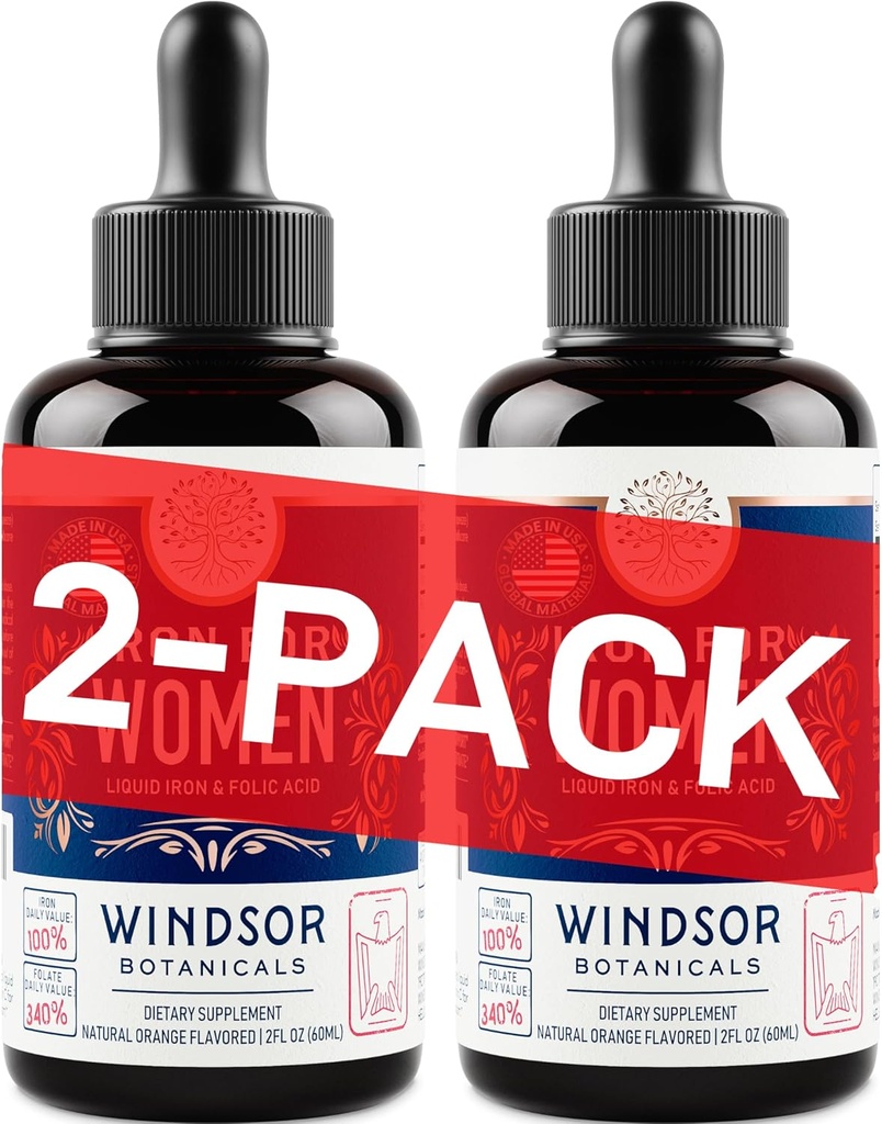 WINDSOR BOTANICALS Flüssige Eisen Ergänzung für Damen 2-Pack - Folsäure, Vitamin C, Vegan flüssige Eisen Ergänzungen für Anämie, Menstruation, Schwangerschaftsunterstützung - Tropfen Orange Geschmack - 2x2oz