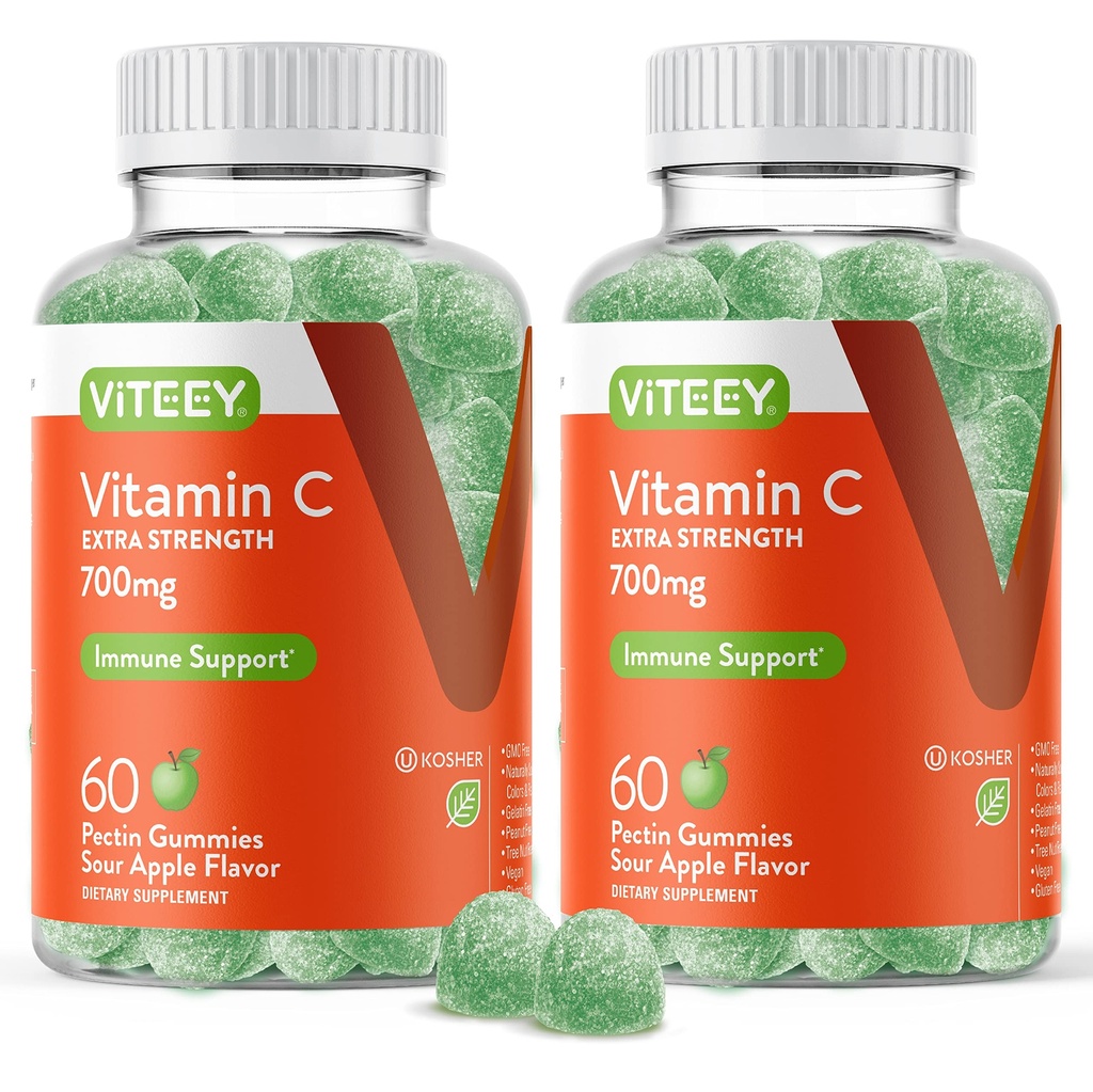 Viteey Chewable Vitamin C Gummi für Erwachsene - 700mg Extra Strength Immun Support Supplement - Vegan, Glutenfrei - 120 Count