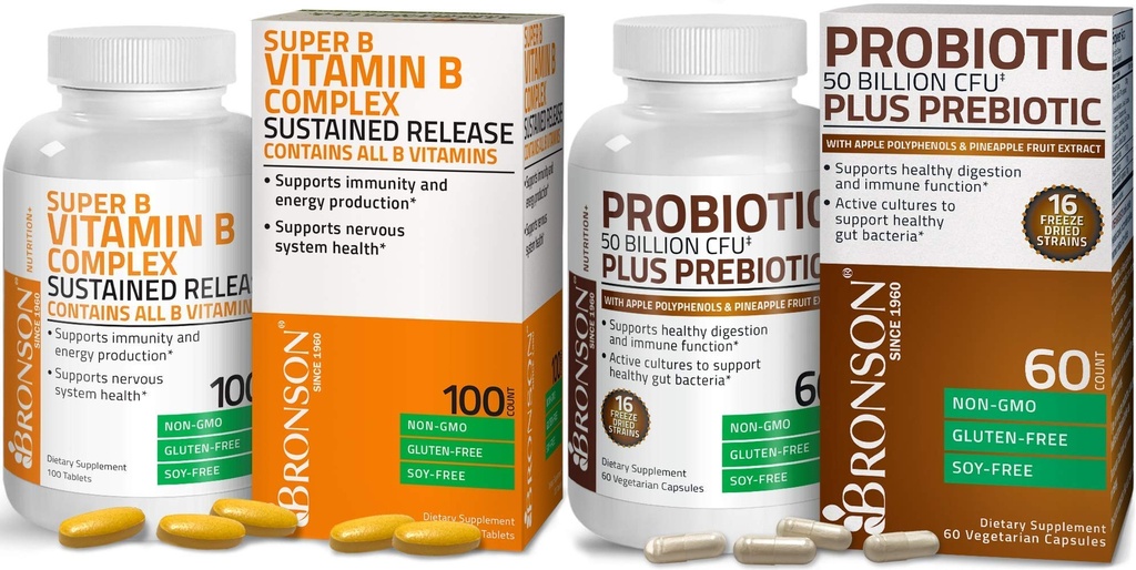 Bronson Probiotic 50 Billion CFU + Präbiotisch mit Apfel-Polyphenole & Ananas-Fruchtextrakt + Vitamin B-Komplex erhalten Freisetzung