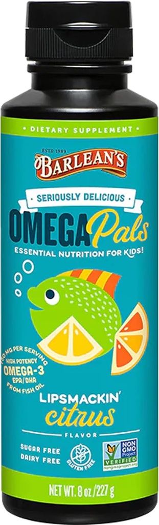 Barlean's Omega Pals Lipsmackin' Citrus Flavored Omega-3 für Kinder, Yummy Kinder Liquid Fish Oil Supplement mit 750 mg EPA & DHA für Gehirn & Augengesundheit, 8 oz