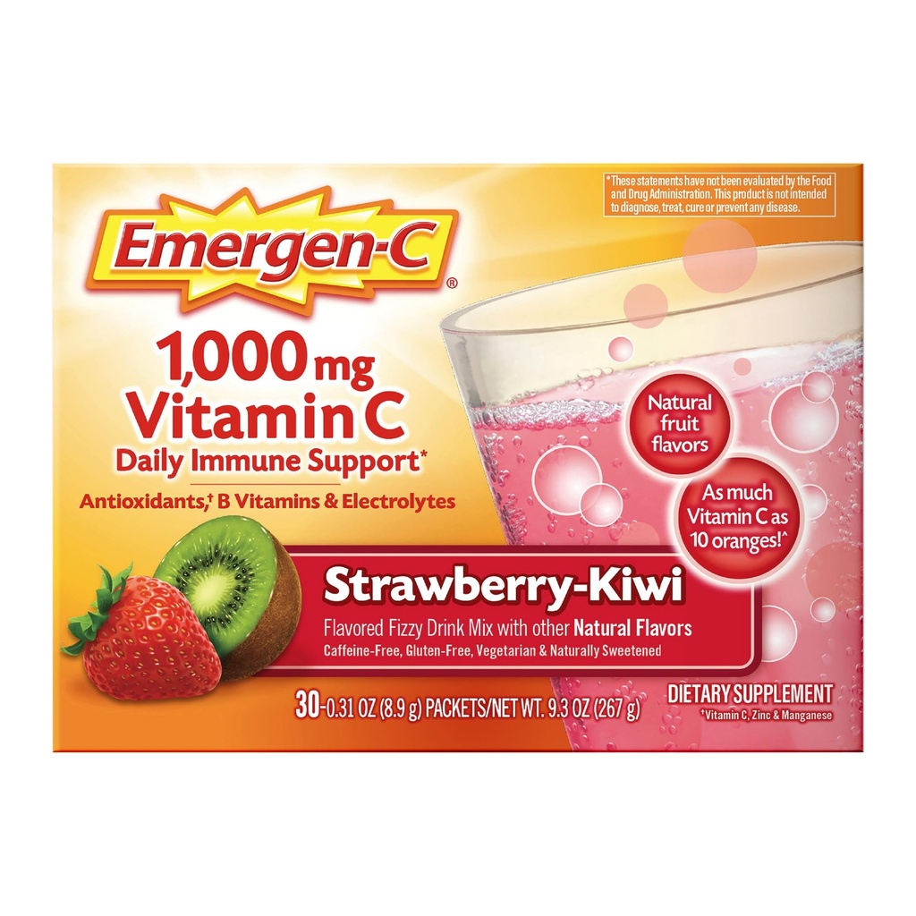 Emergen-C 1000mg Vitamin C Immununterstützung Pulver Erdbeeren Kiwi 30CT umfasst Zink, Mangan, 7 B Vitamine und Elektrolyte für Back to School Essentials