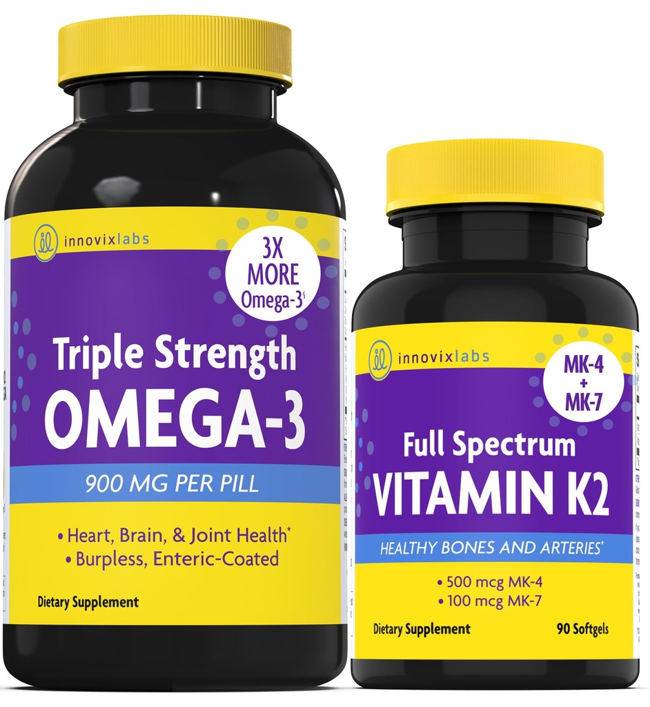InnovixLabs Vitamin K2 & Triple Omega Bundle Full Spectrum Vitamin K2 (90 Softgels) Triple Strength Omega-3 Fish Oil (200 Softgels). Unterstützt gesunde Knochen, Arterien und Gelenke. *