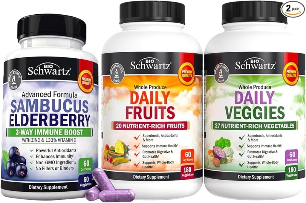 BioSchwartz Daily Fruits and Veggies Supplement für Damen und Herren (2 Monate Versorgung) Plus Elderberry mit Zink und Vitamin C für Erwachsene Immununterstützung (2 Monate Versorgung)