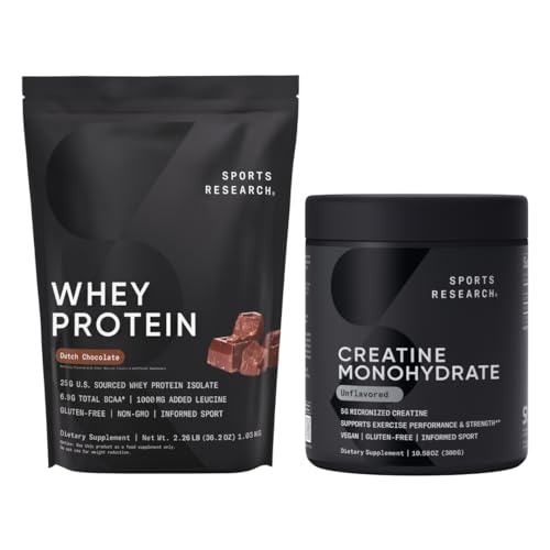 Sports Research® Creatine Monohydrate (10,58 oz) und Dutch Chocolate Whey Protein (2 lbs), The Dynamic Duo for Lean Muscle Building, Verbesserung der Leistung und Ausdauer Erholung