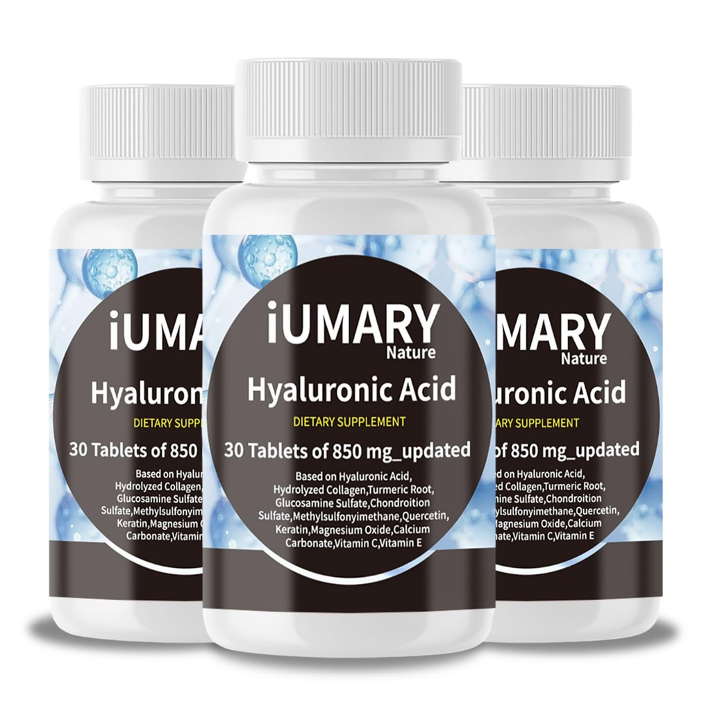 Hyaluronsäure-Ergänzungen, 850mg hohe bioverfügbare diagnostische Hyaluronsäure - Fortgeschrittene gemeinsame Unterstützung mit hydrolysiertem Kollagen, Kurkuma, Glukosamin, MSM, Vitamin C – 30 Tabletten(Pack mit 3)