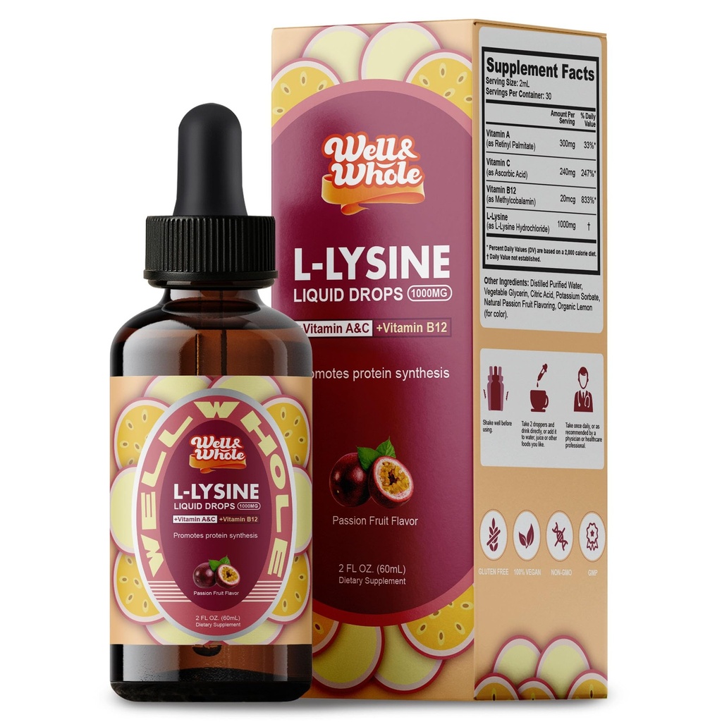 L-Lysine Ergänzung flüssige Tropfen | L-Lysine 1000mg Tinktur mit Vitamin A, C und B12 für Erwachsene & Kinder | Immununterstützung, Haut & Lips Gesundheit, Kollagensynthese | Non-GMO, Vegan, 2 Fl Oz (60 ML)