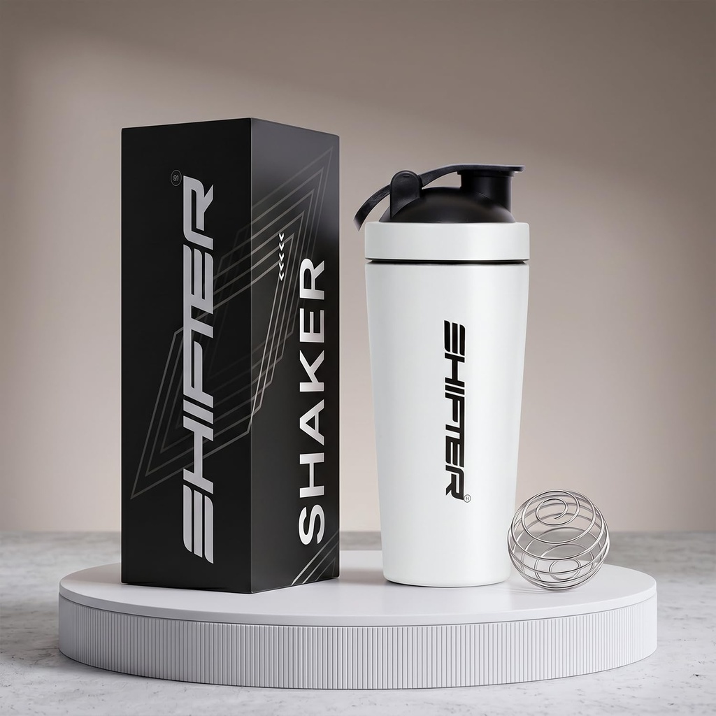 Shifter Stainless Steel Gym Shaker Bottle 750ml | Protein Shaker with Mixer Ball | Leakproof Metal Blender Bottle| Gym, Fitness, Workout, Sports Water Bottle for Men & Women (WHITE)
