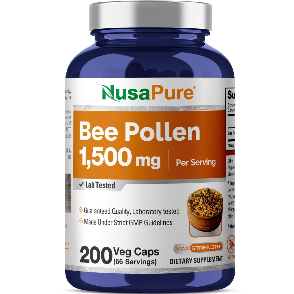 NusaPure Bee Pollen 1500mg 200 Veggie Caps (100% Vegetarisch, Non-GMO, Vegan) Natürlich säubernde Proteine, Aminosäuren