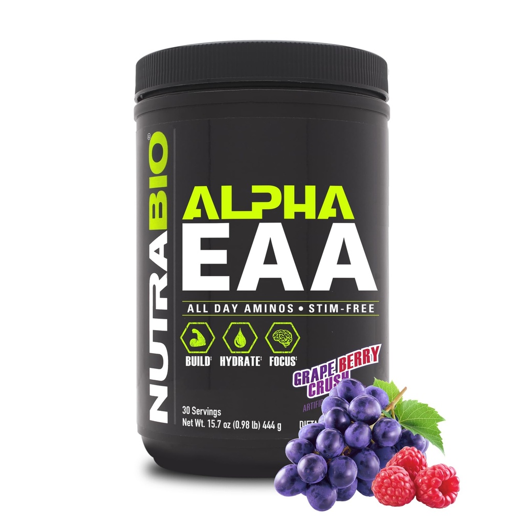 NutraBio Alpha EAA - All-Day Aminosäuren für Muskelwachstum und Hydration - Essential Amino Acids with Nootropics & Adaptogens- Full Spectrum EAA BCAA Powder - 30 Portionen - Grape Berry Crush