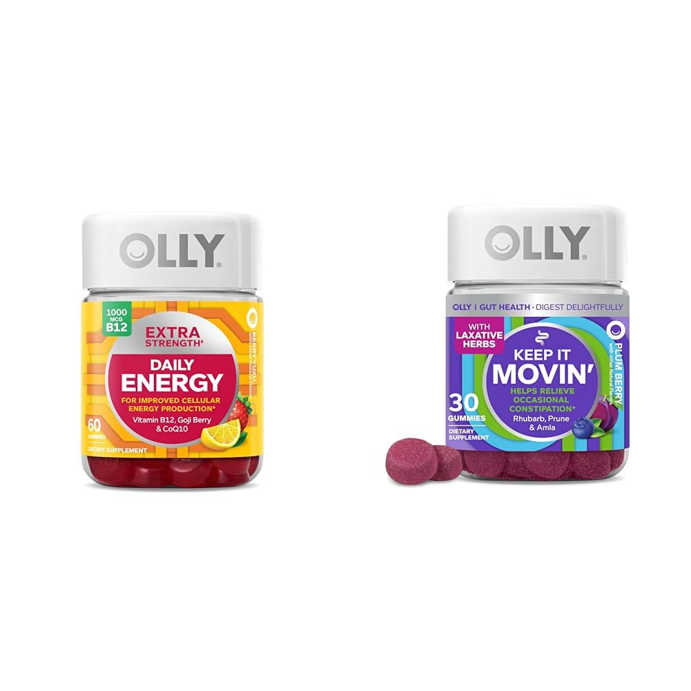 OLLY Extra Strength Daily Energy Gummy mit Vitamin B12, CoQ10, Goji Berry, 60 Count & Keep It Moving Constipy mit Rhubarb, Prunes, Amla, 30 Count
