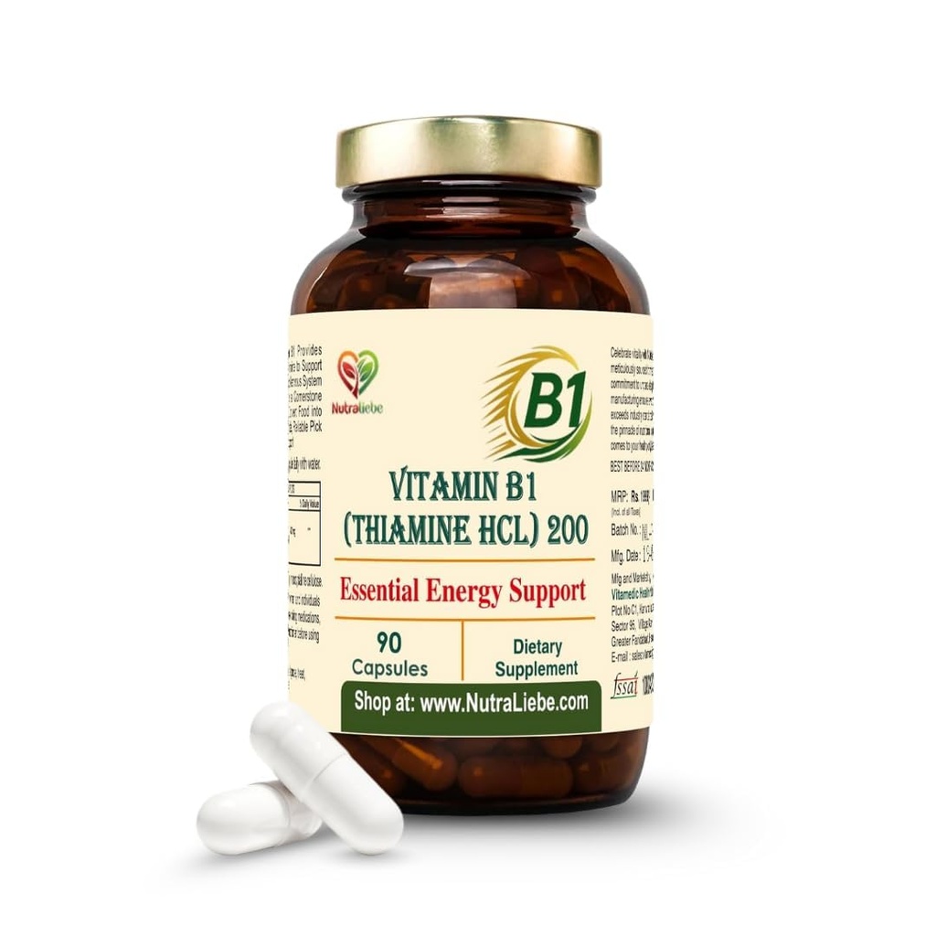 Vitamin B1 (Thiamine HCl) – High-Potency Energy & Nervous System Support | Promotes Metabolism, Heart Health & Brain Function | 90 Vegetarian Capsules | Non-GMO & Gluten-Free