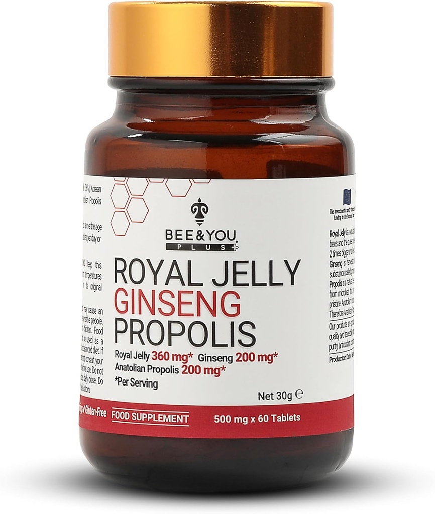 Biene und Sie Royal Jelly mit Ginseng Tablet, Propolis Extract, 60ct, 100% Natürliche Superfood, Ultra Pure, Immununterstützungsergänzung, Antioxidantien, Keto, Paleo, Glutenfrei