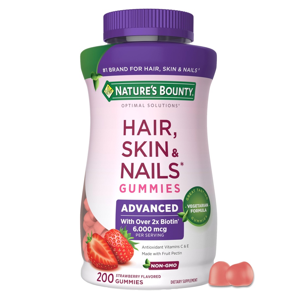 Nature’s Bounty Optimal Solutions Advanced Hair, Skin and Nails Pectin Gummies, 2x Biotin Per Serving, No Stick Gummy, Vegetarische Formel, Erdbeer Flavor, 200 ct, 100 Total Servings