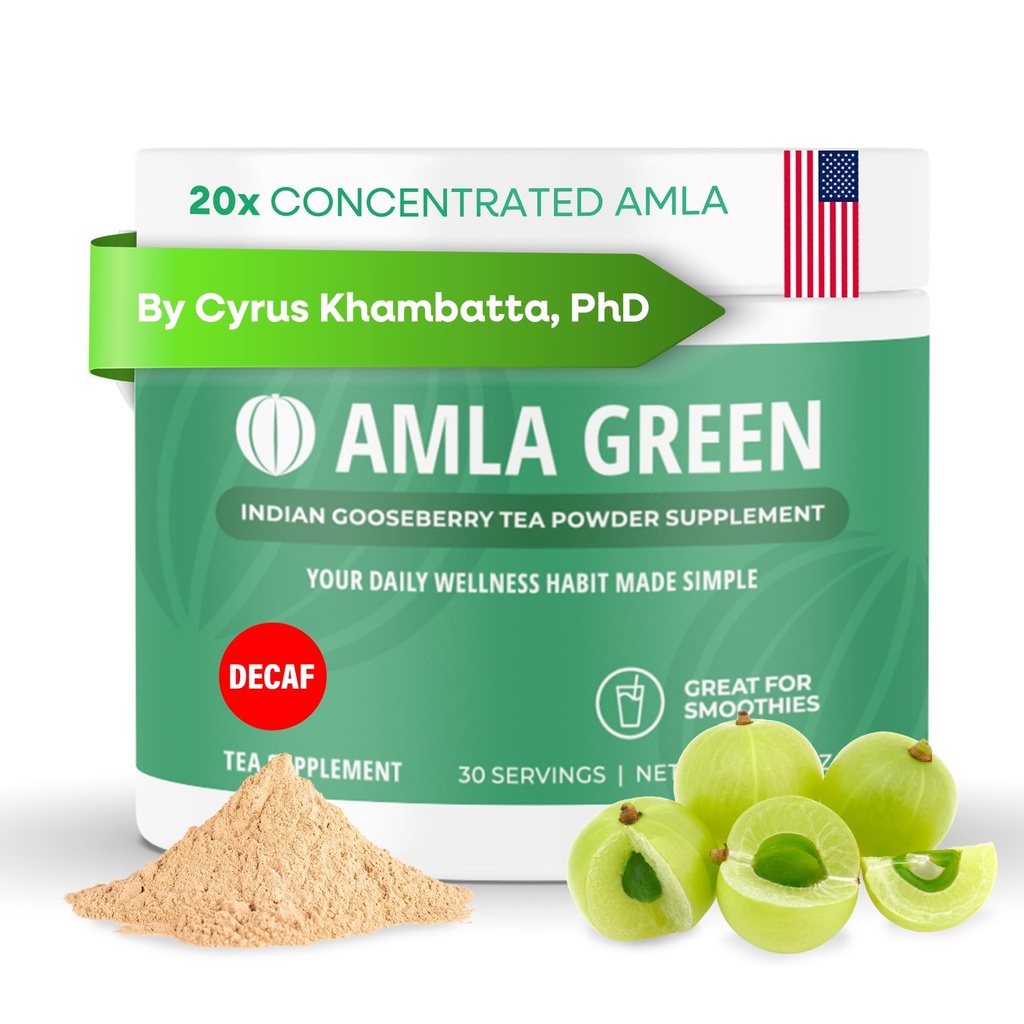 Amla Powder & Decaf Green Tea Superfood Supplement, 20x Ultra Concentré Amla, Antioxydant Support, Fabriqué avec Oolong Tea et Gooseberries indiennes, Organique, Vegan, Decaf, 30 portions