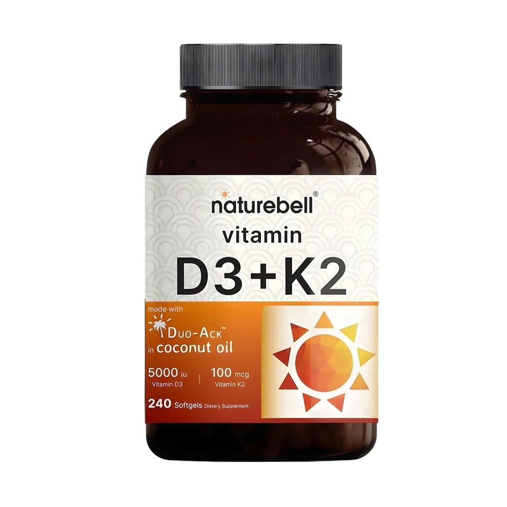 NatureBell Vitamin D3 5.000 IU + K2 100 mcg, 240 Softgels | Täglich 2-in-1 Formel mit Virgin Coconut Oil | Knochen, Herz und Immununterstützung | MK-7 Form | Non-GMO, Gluten-Free