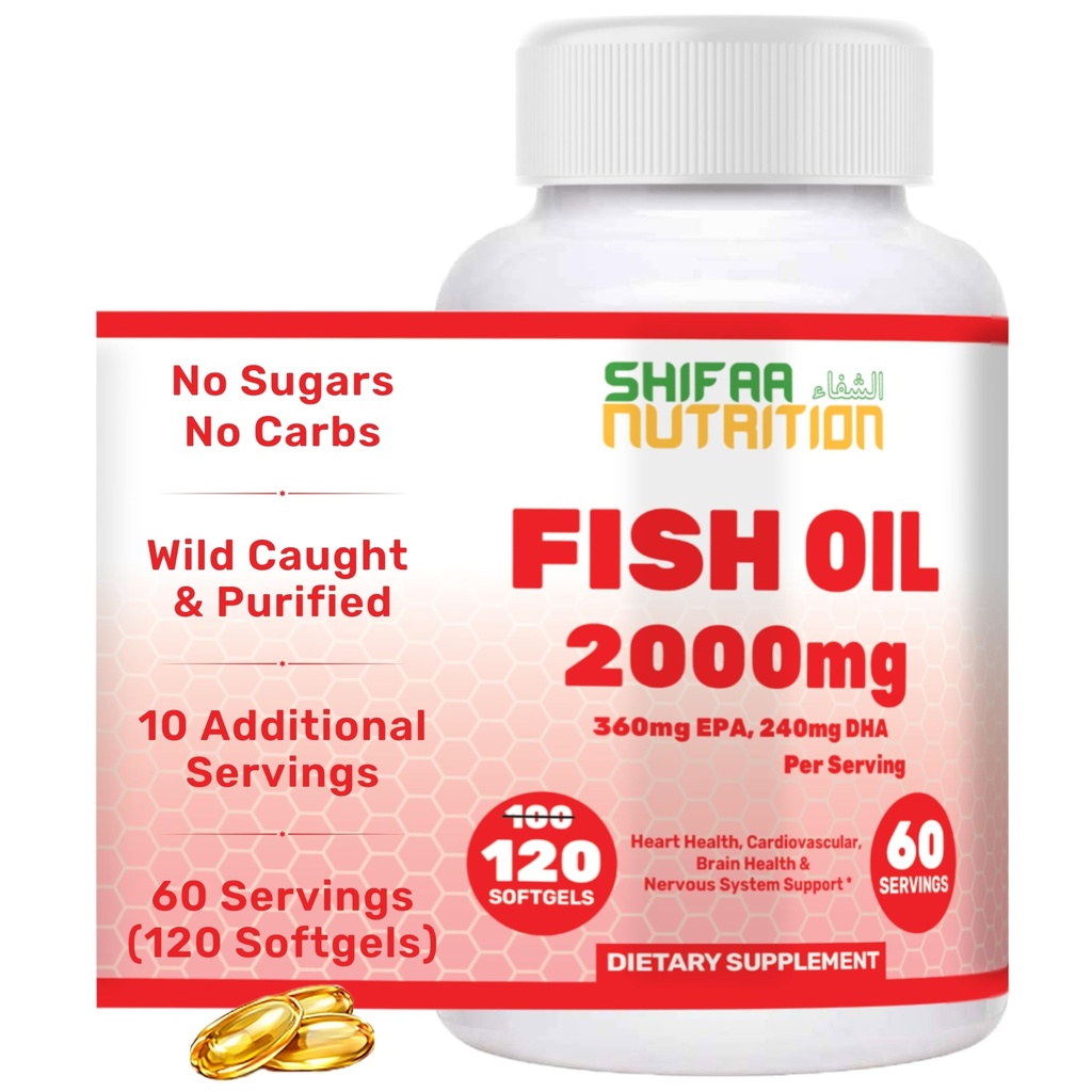 SHIFAA NUTRITION Huile de poisson halal 2000mg Softgels avec 360mg EPA et 240mg DHA. 100 Wild Capght & non-GMO Omega 3 Softgels pour la santé du coeur et du cerveau. Huile de poisson Oméga 3 sans bourre, facile à avaler Suppléments