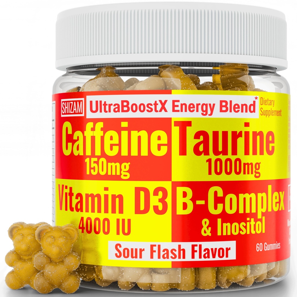 SHIZAM Taurine 1000mg Koffein 150mg Energy Gummis w D-3 B-12 B Complex Inositol, Gel Gel Gels Vitamins Vitamin Drinks Kapseln Getränk Schüsse Kauen Pillen Pulver Alt, Running Runners Supplement Supplements