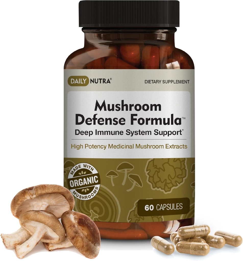 DailyNutra Mushroom Defense Formula - Immununterstützungsergänzungsmittel | Organische Pilze, Heißes Wasser extrahiert - Reishi, Chaga, Maitake, Shiitake & Turkey Tail (60 Kapseln)