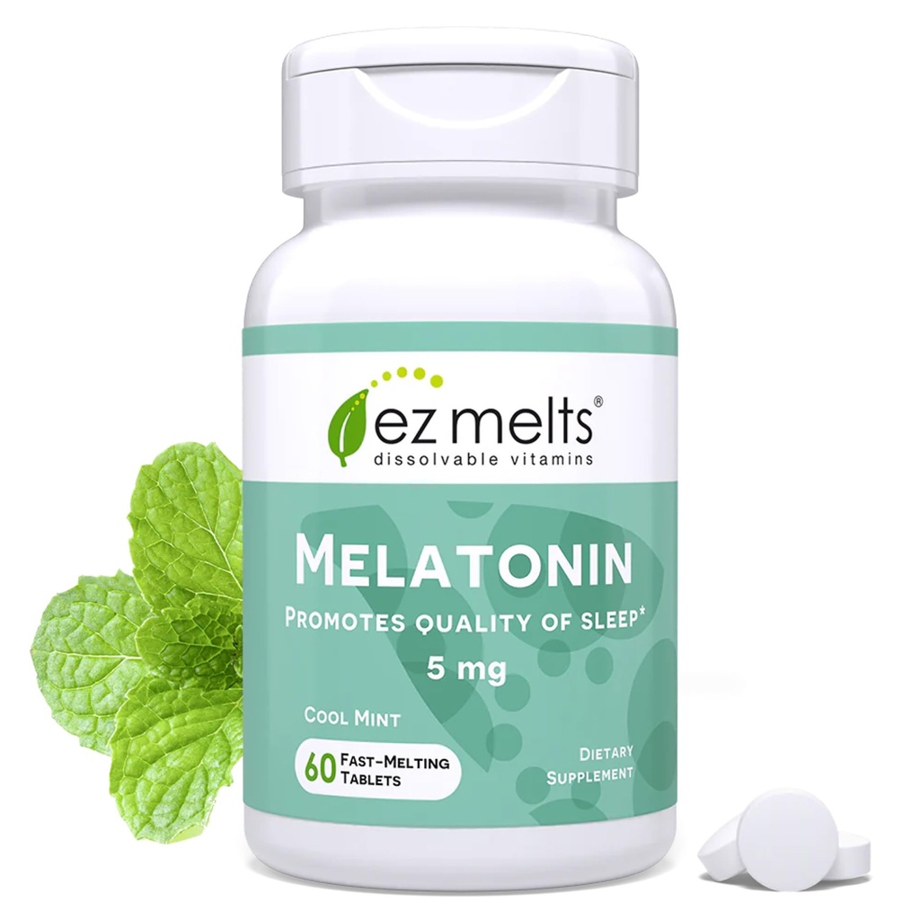EZ Melts dissolvable Melatonine, 5 mg, sans sucre, 2 mois d'approvisionnement, aromatisé à la menthe fraîche - 1 emballage
