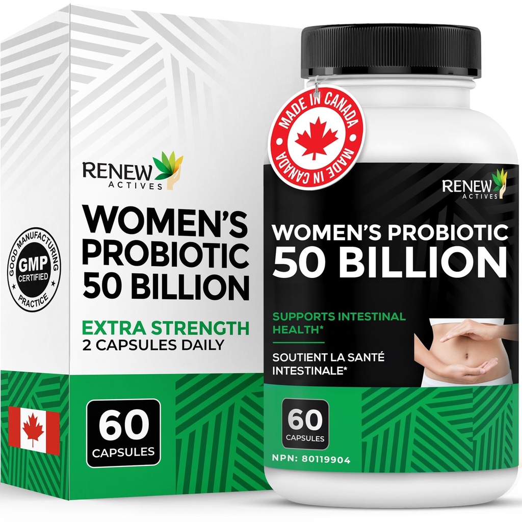 RENEW ACTIVES Probiotics for Women 50 Billion CFU pro 2 Kapseln – MAKTREK Technology, 4 Probiotische Strains & Prebiotic Blend– unterstützt Verdauungsgesundheit & Gut Flora Balance– Made in Canada– 60 Kapseln