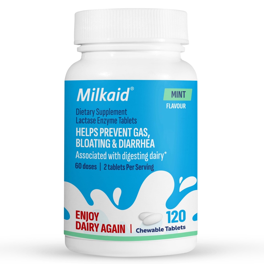 Milkaid Lactase Enzym Chewable Tablets für Lactose Intolerance Relief | Verhindert Gas, Bloating & Durchfall | Fast Acting Dairy Digestive Supplement (120 Tabletten, Minze)