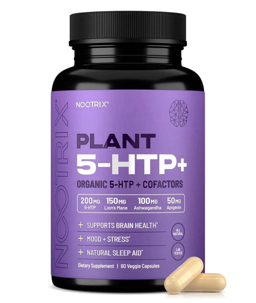Nootrix Organic Plant 5 HTP+ Supplement | Supports Memory, Mental Focus, Cognitive Health & Energy | Promotes Healthy Mood & Brain Function | Vitamin B6 & L Theanine |60 Capsules
