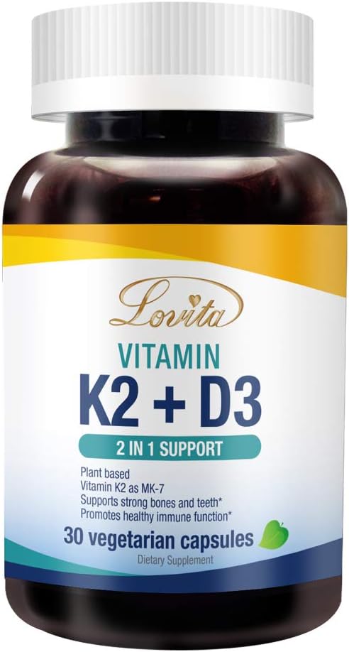Lovita Vitamin K2 + D3, 400 IU Vegan Vitamin D3 & 120 mcg Vitamin K2 (MK-7), 2 in 1 Formel, Immun Vitamin Complex, 30 vegetarische Kapseln