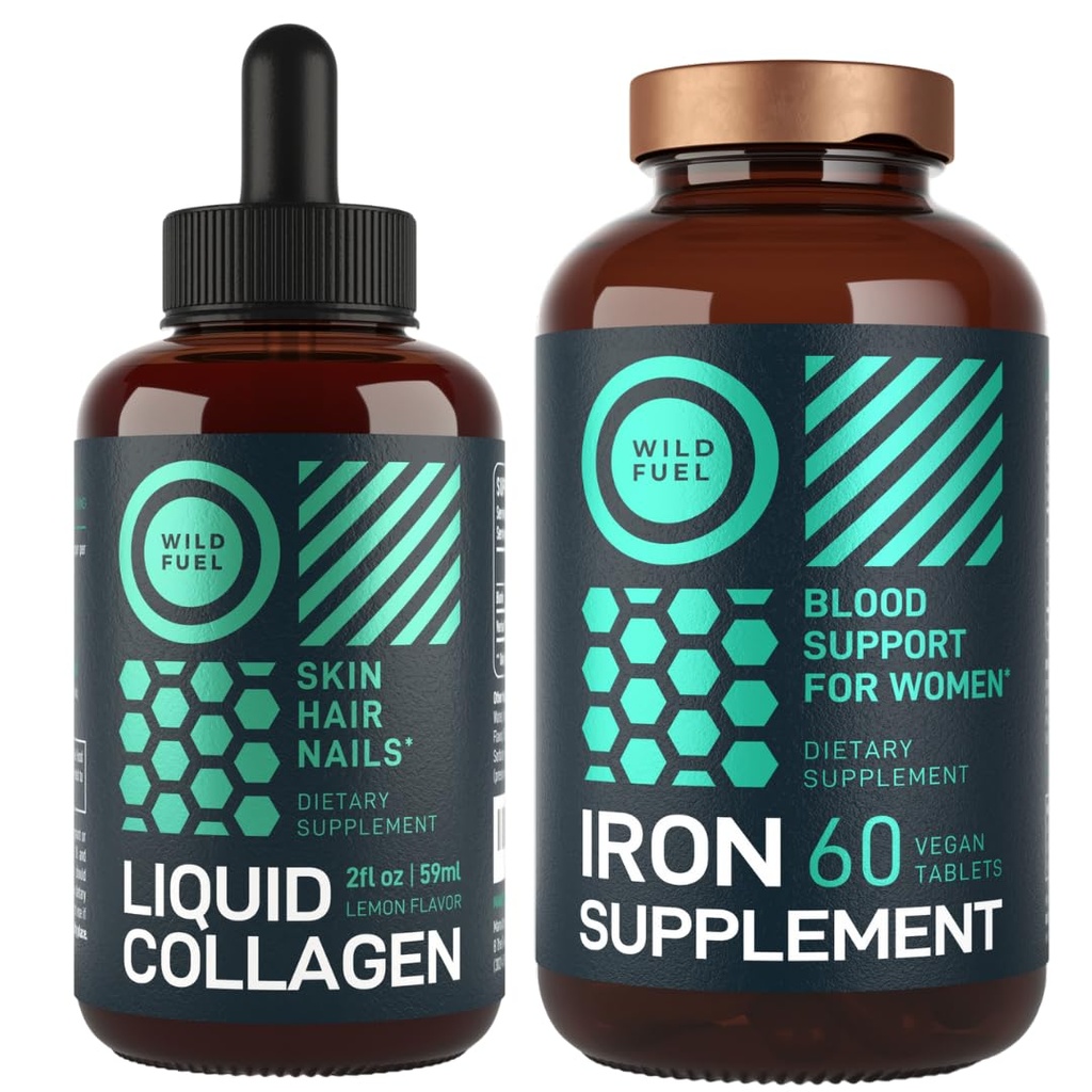 WILD FUEL Eisenergänzung für Frauen mit Folsäure und flüssigen Collagen Peptiden mit Biotin Weibliche Gesundheit und Beauty Bundle