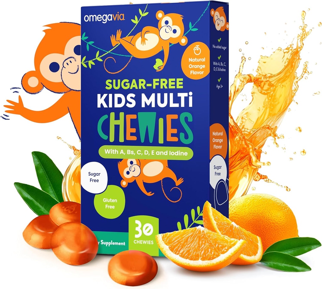 OmegaVia Sugar Free Kids Multivitamin Chewies - Daily Chewable Gummy Vitamine für Kinder 3+, Vitamin A, C, D3, E, B6 & B12, Folate & More, Natural Orange Flavor, 30 Count