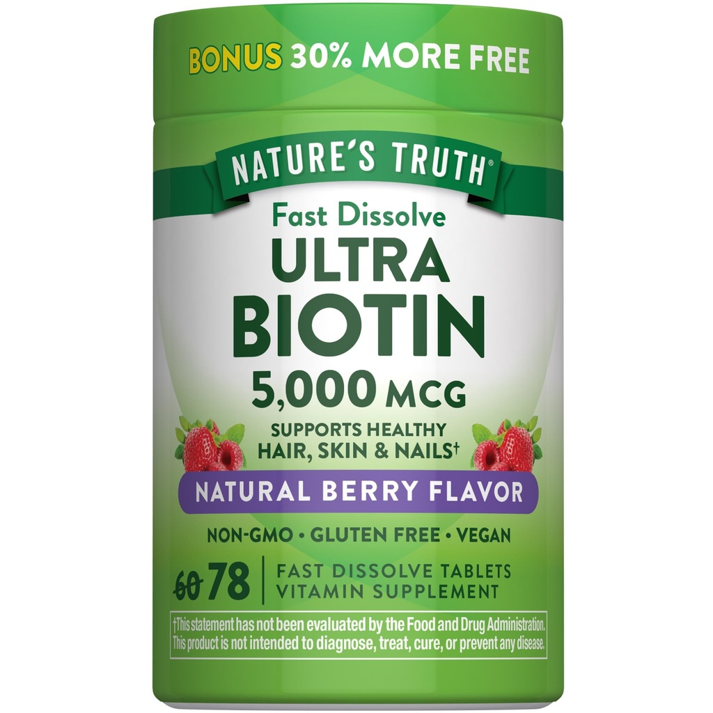 Nature's Truth Biotin 5000mcg. 78 Comprimés à dissolver rapidement.