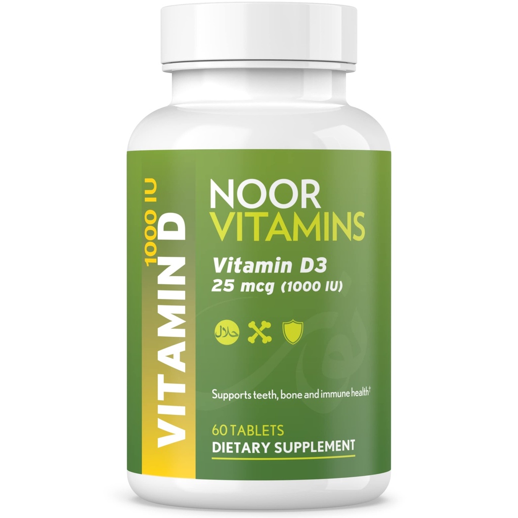 Noor Vitamine Halal Vitamin D, Halal Vitamin D3, 1000 IU Tabletten, unterstützt Knochen, Immun- und Herzgesundheit, Non-GMO, Glutenfrei & Halal (60 Count)